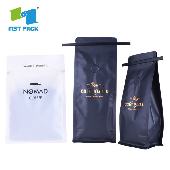 تستخدم القهوة 250 جرام 500 جرام 1 كيلوجرام مسطحة القاع الحقيبة القابلة للتحلل الحيوي أكياس القهوة السماد الحقيبة مع صمام طريقة واحدة