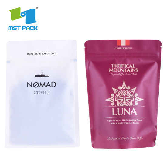 سماد قابل لإعادة التدوير مخصص مورد Laminateld طباعة مخصصة قابلة لإعادة التدوير فارغة Al Foil قابلة للتحلل الحيوي Ziplock فراغ شفاء أكياس القهوة المختومة 250 جرام مع صمام